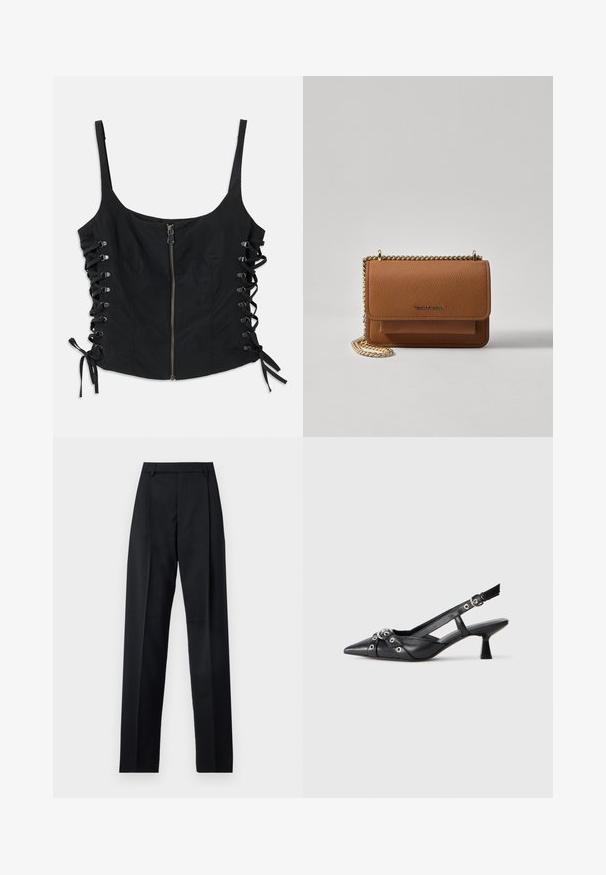 Črni brezrokavnik z zadrgo spredaj in bočnim vezanjem s pentljami, ki ima tanke naramnice in prilegajočo silhueto.; Črne hlače iz gladkega materiala, ki imajo visok pas, široke noge, sprednje nabore in klasične zanke za pas. Nevidni stranski žepi.; Črne usnjene sandale središnje zaponke z ostro konico, okrasnimi trakovi z kovinskimi očesi in nizko blokasto peto. Teksturirana površina.; Rjava teksturirana usnjena torba čez ramo z zlatim verižnim trakom in zapiranjem na pokrov. Spredaj je vidna podrobnost logotipa in žep pod pokrovom.