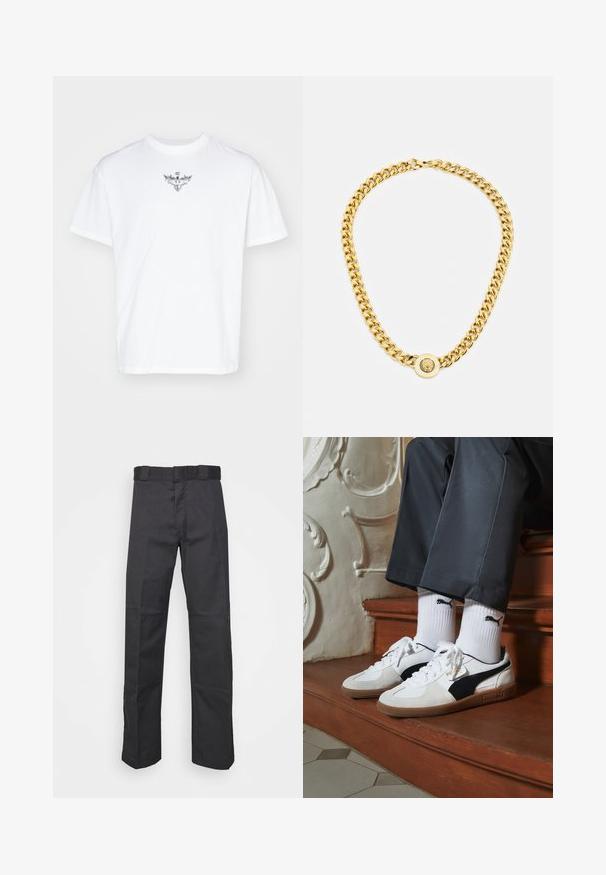 T-shirt en coton blanc avec un col rond, coupe ample, et un design graphique argenté représentant des ailes au niveau de la poitrine.; Pantalons noirs en tissu durable, dotés d'une coupe droite, d'une taille avec passants de ceinture et de coutures pour une texture ajoutée.; Baskets Puma en daim blanc et noir, avec une semelle en caoutchouc marron. Associées à des chaussettes blanches arborant un logo noir, portées avec un pantalon sombre.; Collier en chaîne dorée avec de grands maillons entrelacés, présentant un détail de pendentif circulaire au centre avec un emblème en relief.