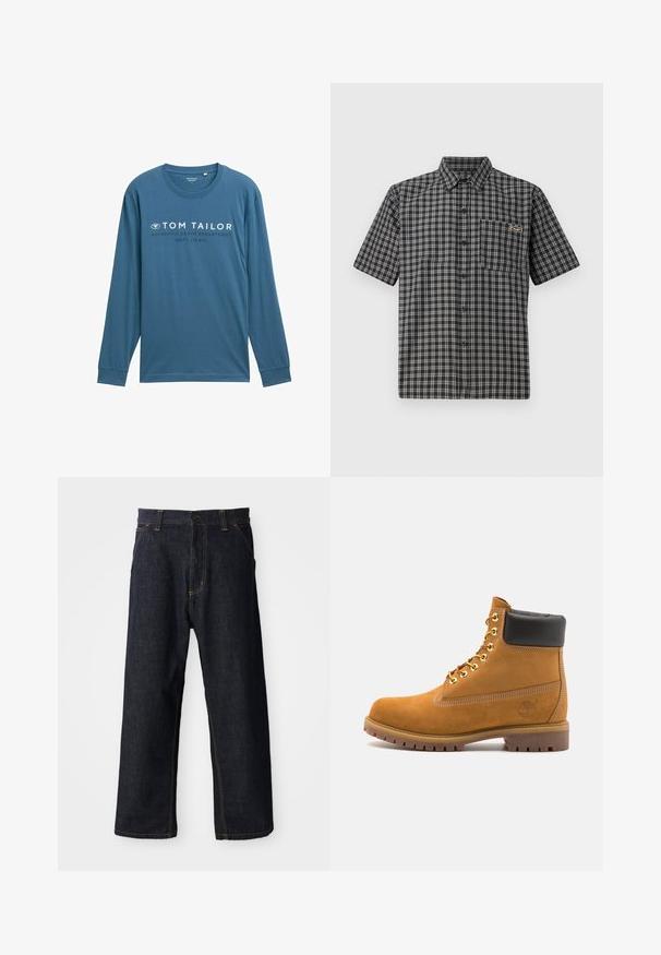 Hosszú ujjú, puha pamutból készült, teal színű póló, kerek nyakkivágással, melynek fehér felirata van: "TOM TAILOR AUTHENTIC DENIM DEPARTMENT."; Fekete-fehér kockás rövidujjú ing, gombolható gallérral, elülső zsebbe és egy kis címkével a mellkasán.; Sötétkék farmernadrág egyenes szárú dizájnnal, sárga varrással, elülső zsebekkel és gombos záródással a deréknál.; Barna velúr bokacipő fekete párnázott gallérral, arany fém fűzőlyukakkal, fehér varrási részletekkel és durva gumitalppal, amelynek kifejezett barázdái vannak.