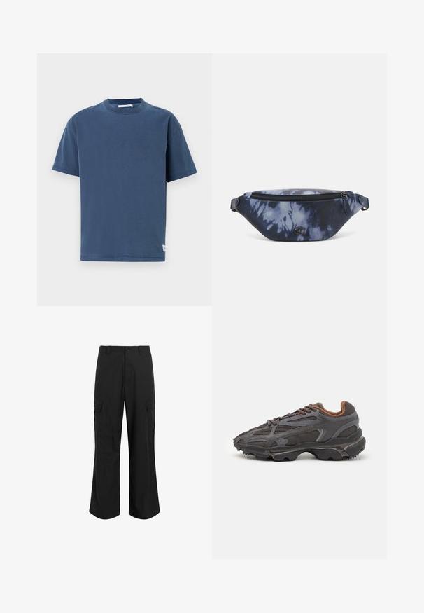 Mornarsko modra bombažna majica s kratkimi rokavi, okrog Tim, običajen kroj, enostaven dizajn, vsebuje majhno oznako logotipa na robu.; Črne cargo hlače iz lahkega materiala, z ohlapnim krojem, dvema velikima stranskima žepoma in gumbom za zapiranje.; Lacoste teniske v temno sivi barvi z mrežasto in sintetično prevleko, s teksturiranim podplatom in rjavimi detajli na ovratniku ter blagovni znamki.; Fanny pack v temno modrem tie-dye potisku z zipom na vrhu, teksturirane materiala in izraženo logotipno podrobnostjo spredaj.