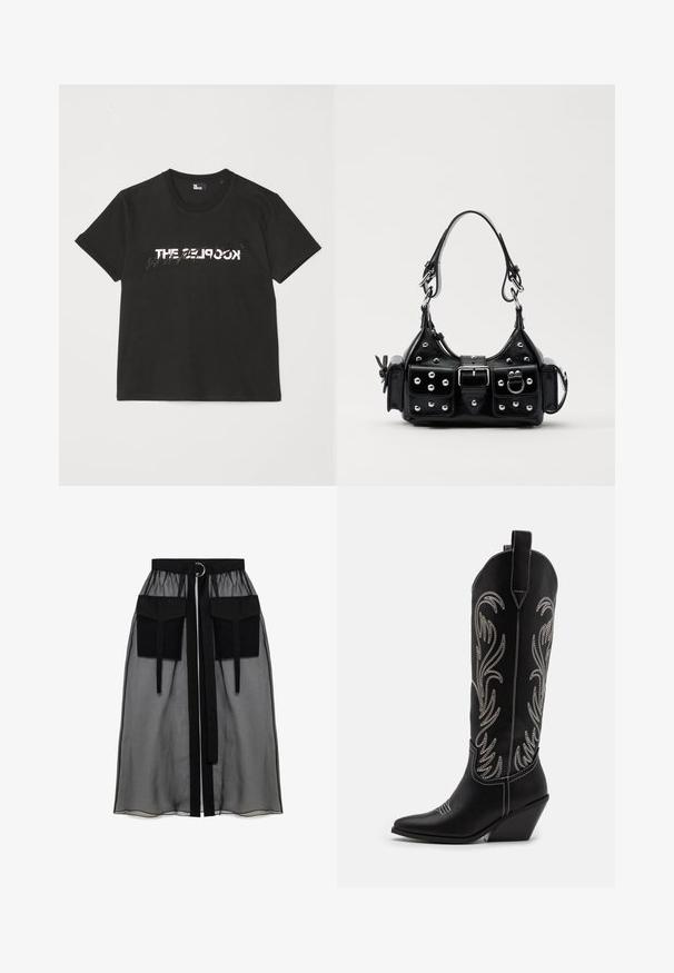 Tricou din bumbac negru, cu mâneci scurte, având un design imprimat alb și gri "THE 2LOOK" pe partea din față. Guler clasic rotund.; Fustă neagră transparentă cu un talie plisată, având două buzunare mari în față, un cordon pentru talie și un accent metalic circular.; Bocanci de cowboy din piele neagră, cu vârfuri ascuțite, toc wedge și modele florale brodate cu fir argintiu de-a lungul tijei. Cusături în contrast pe întreaga suprafață.; Geantă de piele neagră cu un design curbat, dotată cu studuri argintii, o cataramă și două buzunare laterale. Curea ajustabilă pentru opțiuni de transport.