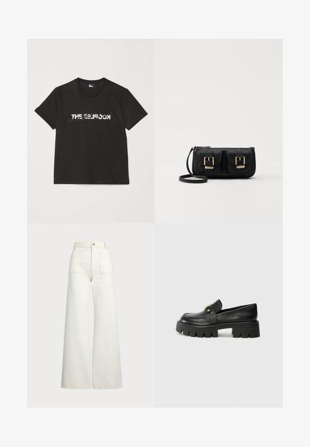 Black cotton t-shirt with short sleeves, featuring a printed white and gray "THE 2LOOK" design across the front. Classic crew neck.; Wide-leg jeans in off-white denim. High-waisted design with a button closure, two front pockets, and contrast stitching details.; Black leather loafers with a chunky sole, featuring a gold-tone accent on the front and a smooth finish. Chunky tread design on the sole.; Black leather crossbody bag with two front pockets, gold buckles, zipper closure, and a slim strap. Textured surface and compact rectangular shape.