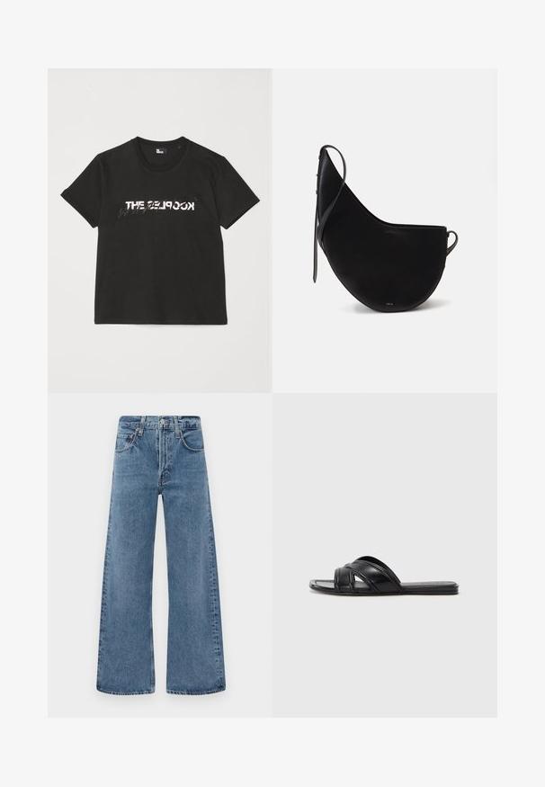 Tricou din bumbac negru, cu mâneci scurte, având un design imprimat alb și gri "THE 2LOOK" pe partea din față. Guler clasic rotund.; Jeans din denim albastru, cu croi larg, design clasic cu cinci buzunare, închidere cu nasture și textură uzată, având margini brut.; Sandale negre cu un finisaj din piele netedă, având curele încrucișate și detalii decupate, cu o talpă plată și flexibilă.; Geantă din piele neagră cu o formă curbată de lună, având o curea subțire și un branding subtil aurit pe față. Textură netedă cu hardware minimal.