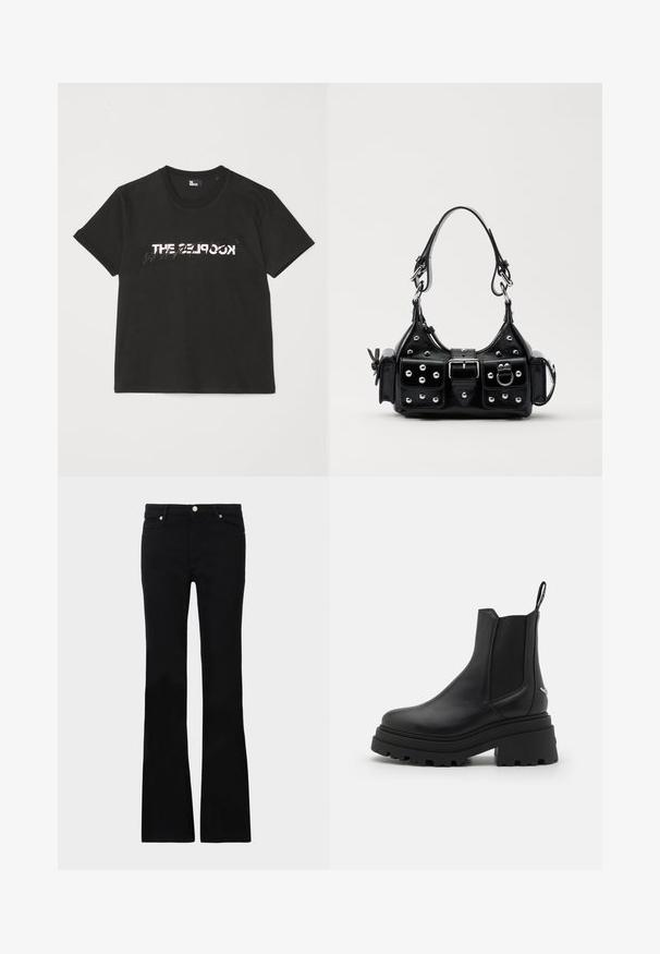 Sort bomulds t-shirt med korte ærmer, der har et trykt hvidt og gråt "THE 2LOOK" design over forsiden. Klassisk crew neck.; Sorte bløde jeans lavet af denim, med to frontlommer, knaplukning og en glat tekstur. Signaturstikninger synlige ved sømmene.; Sorte chelsea støvler lavet af glat læder med elastiske sidepaneler, en tyk, rillede gummisål og en pull-tab bagpå.; Sort læderhåndtaske med et buet design, prydet med sølvfarvede nitter, en spænde og to sidelommer. Justerbar rem til forskellige bære muligheder.