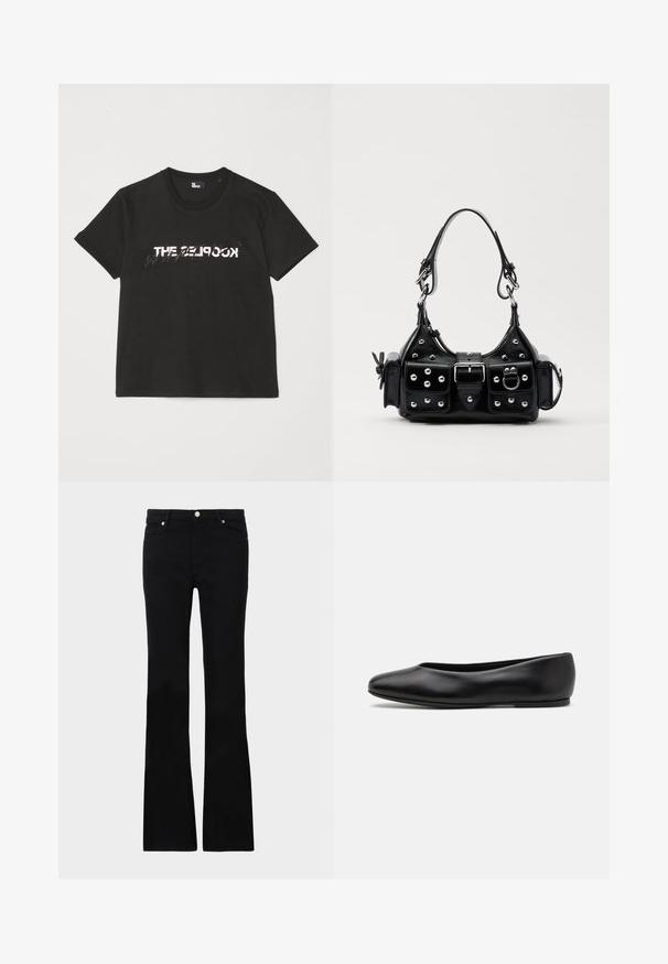 Zwarte katoenen t-shirt met korte mouwen, met een bedrukte witte en grijze "THE 2LOOK"-ontwerp over de voorkant. Klassieke ronde hals.; Zwarte flared jeans van denim, met twee voorzakken, een knoopsluiting en een gladde textuur. Kenmerkende stiksels zichtbaar bij de naden.; Paul Smith TOPANGA - Ballerina's - black; Zwarte lederen handtas met een gebogen ontwerp, voorzien van zilveren studs, een gesp en twee zijvakken. Verstelbare schouderband voor verschillende draagmogelijkheden.