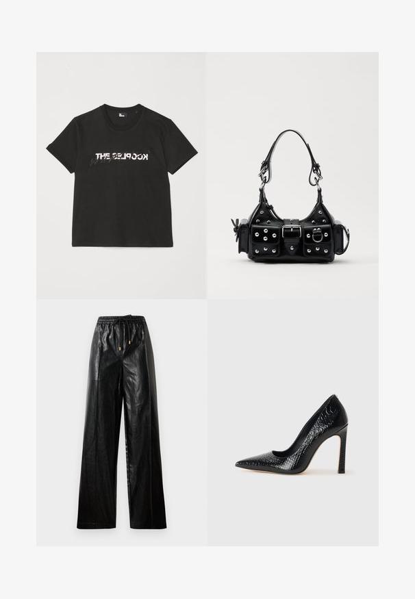 Juodas medvilninis marškinėliai trumpomis rankovėmis, su spausdintu baltu ir pilku „THE 2LOOK“ dizainu priekyje. Klasikinis apvalus iškirpimas.; Juodos odinės plačios kelnės su elastine juosta, raišteliu ir auksiniais akcentais. Lygus paviršius ir laisvas fasonas.; Juoda smailiakulnė aukšto kulno bateliai su krokodilo odos tekstūra, pasižymintys elegantišku dizainu, aukštu stiletu kulnu ir lygia juoda vidine dalimi.; Juodas odinis rankinukas su kreiviu dizainu, su sidabro spalvos knopkėmis, užsegimu ir dviem šoninėmis kišenėmis. Reguliuojama dirželis nešimui.