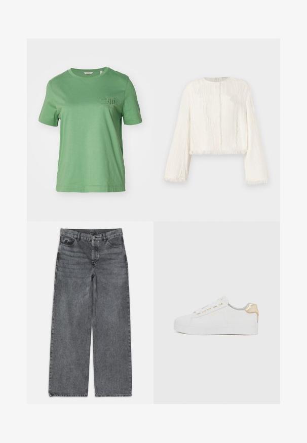 GANT TONAL SHIELD - T-shirts basic - seacrest green; Hvid langærmet cropped jakke med subtil lodret tekstur og frynset kant på ærmer, bund og frontåbning.; Bredde ben jeans i mørkegrå denim. Har høj talje, fem lomme design og forneden knaplukning. Glat tekstur med subtil fading.; Hvide sneakers med en tekstureret ruskindsfinish, flad sål, gyldne snørehuller og et gyldent detalje på hælen. Enkelt, minimalistisk design.