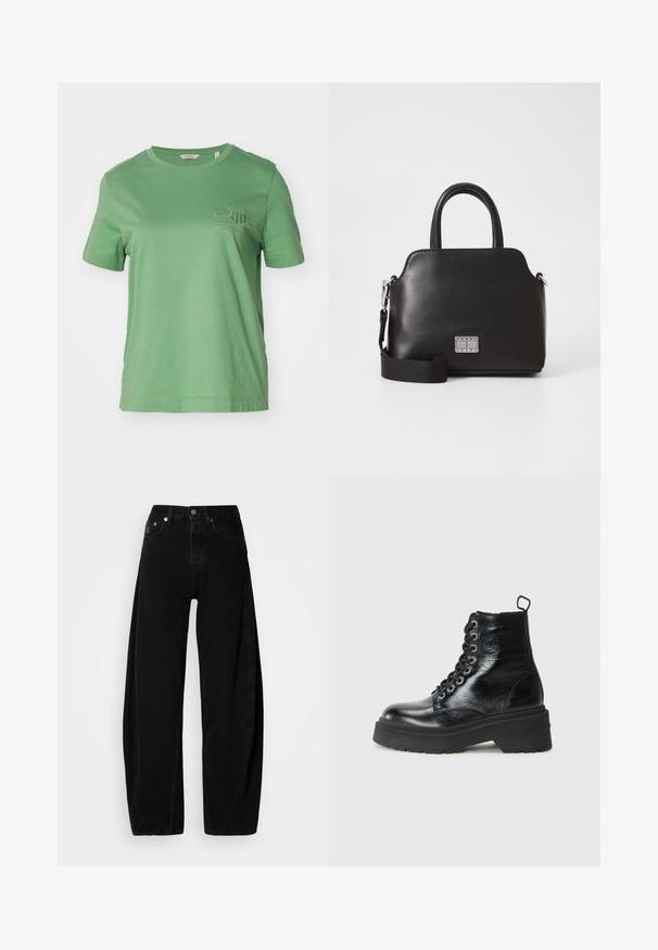 GANT TONAL SHIELD - Basic póló - seacrest green; Fekete farmer széles lábú nadrág magas derékkal, gombos záródással, öt zsebbel és minimális varrási részletekkel.; Fekete bokacsizmák fényes felülettel, vastag talpú platform kialakítással és fűzős designnal, amelyen a "TOMMY" márka jól láthatóan szerepel.; Fekete szintetikus kézitáska, felső fogantyúkkal, levehető vállpánttal, kerek formával, sima textúrával és ezüst logóval az elején.