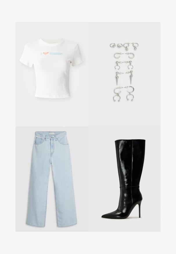 Camiseta blanca recortada de algodón, con un símbolo de corazón naranja y la palabra "SURF" impresa en azul claro en el frente. Mangas cortas, cuello redondo.; Vaqueros de mezclilla azul claro de pierna ancha con cintura alta, con cierre de botón y cremallera, doble bolsillo delantero y detalles de costura sutiles.; Botas de cuero negro hasta la rodilla con punta afilada y tacón alto de aguja. Textura suave y diseño elegante, con detalles mínimos.; Conjunto de pendientes de plata con diversos diseños: aros, tuercas y estilos colgantes, con acentos de bola y elementos puntiagudos.