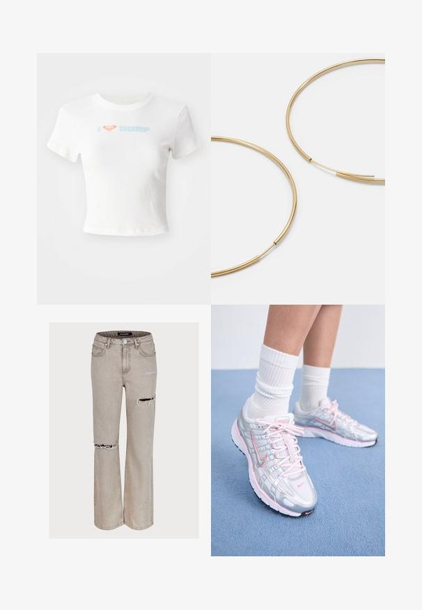 Balts īsais kokvilnas T-krekls. Uz tā ir uzraksts "Es ❤️ Sērfoju" gaiši zilā un oranžā krāsā. Ar īsām piedurknēm un apaļu dekoltē.; Gai pelēki džinsi ar brīvu piegriezumu, ar nolietotām detaļām, iegriezumiem pie ceļgaliem un izbalējušu tekstūru. Ietver piecus kabatas un jostas cilpas.; Nike skriešanas apavi ar sudraba pārklājumu, rozā akcentiem, baltām šņorēm un fakturētu zoli. Valkāti ar baltām kokvilnas sporta zeķēm.; Zelta krāsas auskari gredzena formā, plāni un apaļi, ar gludu metāla apdari un bez rotājumiem vai zīmējumiem.