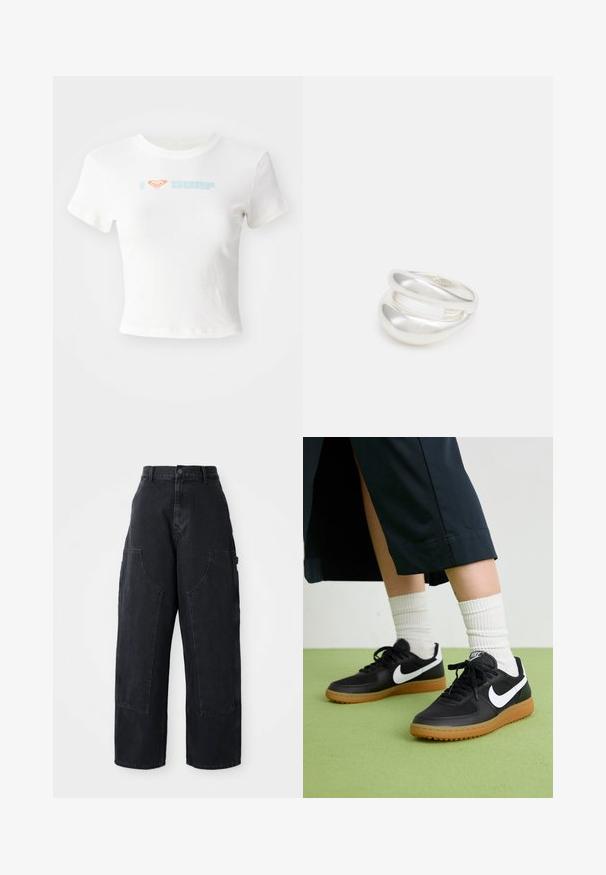 Bela kratka majica iz bombaža z oranžnim srcem in napisom "SURF" v svetlo modri barvi na sprednji strani. Kratki rokavi, okrogel izrez.; Črne široke kavbojke iz denima s visokim pasom, dvema velikima sprednjima žepoma in gumbom za zapiranje na pasu. Gladka tekstura, sproščen dizajn.; Črne usnjene in sintetične superge z belim Nike swooshom, gumo na podplatu, okroglo konico ter črnimi vezalkami. Vidne so rebraste bele nogavice.; Srebrn dvojni prstan z gladko, polirano površino. Ima tekoč, ukrivljen dizajn z prekrivajočimi se sekcijami za sodoben videz.