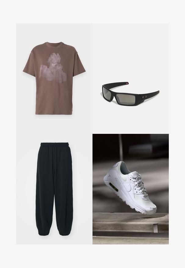 Pruun puuvillane t-särk, millel on mugav lõige, esiküljel valge Nike logo ja heletuhmades roosa toonides pilvine disain.; Mustade elastse vöökoha ja laia lõikega dressipüksid, mansetiga sääred, sile tekstuur ning ilma nähtavate mustrite või detailideta.; Valged Nike Air Max 90 sneakers, millel on võrkkangast ja nahast ülemine osa, aukudega varbadosa ning nähtav õhuüksus kandades.; Mustad mustaga viimistlusega prillid, ristkülikukujulised läätsed, templite kerge kõverus, diskreetne logo detail ja suitsutatud läätsed.