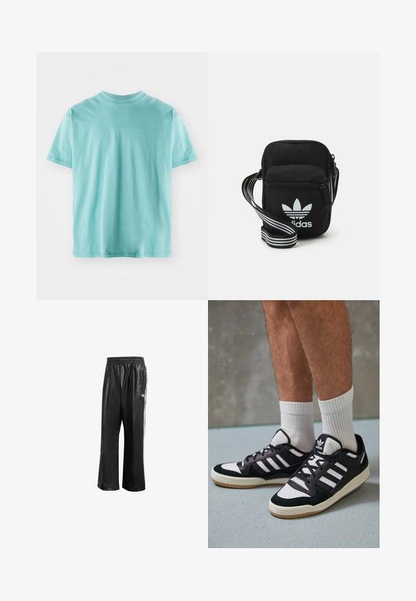 Τυρκουάζ βαμβακερό t-shirt με κοντά μανίκια, στρογγυλή λαιμόκοψη και μικρό λευκό λογότυπο "Levi's" στο στήθος. Μαλακή υφή και χαλαρή εφαρμογή.; Μαύρα συνθετικά παντελόνια προπόνησης με ελαστική μέση, με λευκές λωρίδες στο πλάι και ένα μικρό λευκό λογότυπο στην αριστερή γοφό.; Μαύρα και λευκά αθλητικά παπούτσια με άνω μέρος από σουέτ και δέρμα, featuring τρεις λευκές ρίγες, περατά δάχτυλα και σόλα από καουτσούκ τύπου γκαστ. ; Μαύρη τσάντα ώμου με φερμουάρ, που διαθέτει το λευκό λογότυπο της Adidas και ρυθμιζόμενη ριγέ θηλιά για εύκολη μεταφορά.