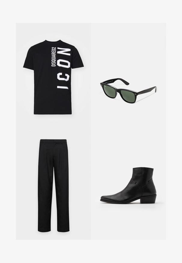 Crna pamučna majica s podebljanim bijelim natpisom: "DSQUARED2" okomito i "ICON" vodoravno sa strane. Klasični okrugli izrez.; Crne hlače od glatkog materijala, s dizajnom ravnih nogavica, dva prednja nabora i standardnim pojasom s petljama za remen.; Crne kožne čizmice do gležnja s šiljastim vrhom, minimalnim šavovima, blok petom srednje visine i glatkom, poliranom završnom obradom.; Crne plastične sunčane naočale s zelenim staklima, kvadratni okviri, srebrni naglasak na obrvi i teksturirane ručke. Naziv brenda naveden na unutrašnjoj strani ručke.