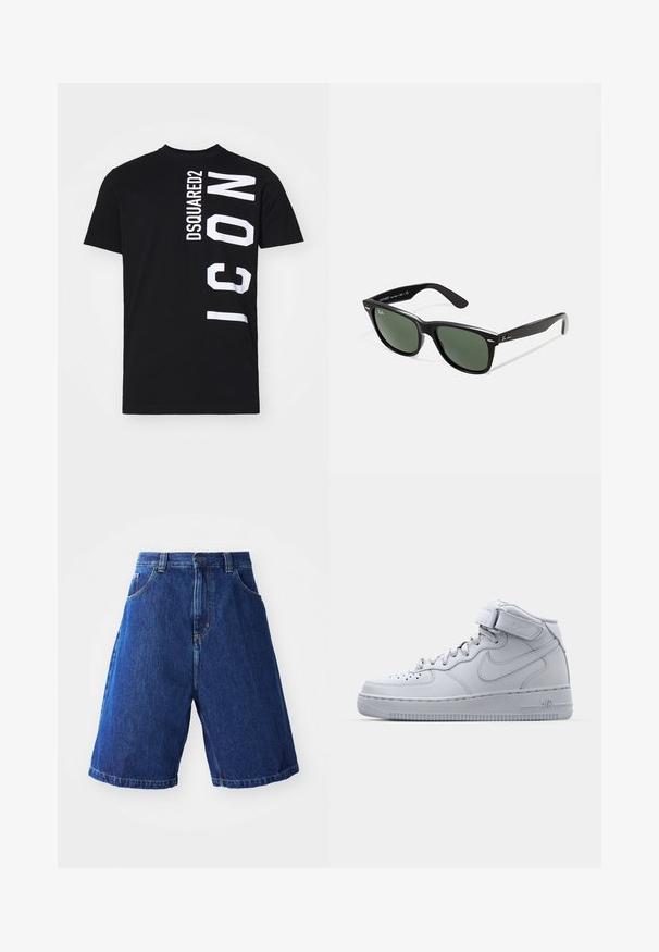 Black cotton t-shirt featuring bold white text design: "DSQUARED2" vertically and "ICON" horizontally on the side. Classic round neckline.; Denim shorts with a blue wash, featuring a high waist, two front pockets, and yellow stitching along the seams.; High-top gray Nike Air Force 1 sneakers with leather upper, padded collar, and a Velcro strap. Iconic design features perforated toe box.; Black plastic sunglasses with green lenses, square frames, silver accent on the brow, and textured temple arms. Stated brand on inner arm.