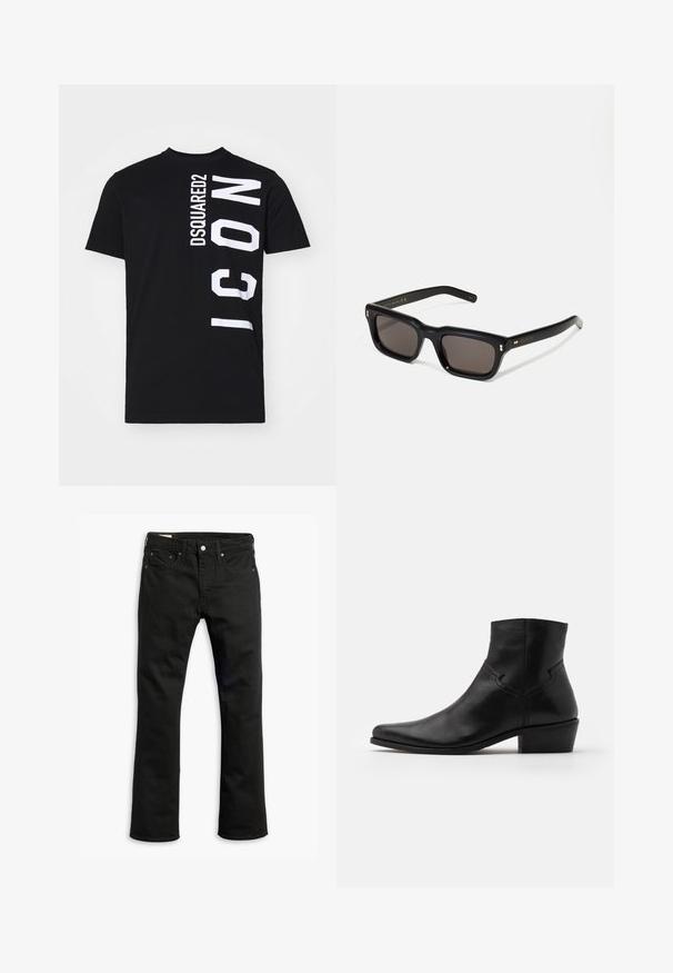 Svart bomull T-skjorte med dristig hvit tekstdesign: "DSQUARED2" vertikalt og "ICON" horisontalt på siden. Klassisk rund halslinning.; Svarte denimjeans med rett ben-design, fem lommer, metallknappelukking og subtile stikkingdetaljer. Glatt tekstur og ensfarget.; Sorte skinn ankelstøvel med spiss tå, minimale sømdetaljer, en midhøy blokkhelle og en glatt, polert finish.; Sorte rektangulære solbriller med mørke linser, tykk plastikkramme, gullaccenter på skulderpartiet og merkevarelogo gravert på armen.