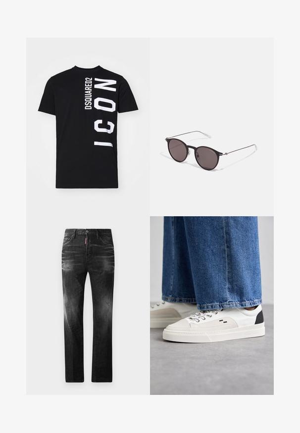 T-shirt nera in cotone con un audace design in bianco: "DSQUARED2" in verticale e "ICON" in orizzontale sul lato. Collo rotondo classico.; Jeans in denim nero con vestibilità dritta. Presentano aree sbiadite, leggeri segni di usura, classico design a cinque tasche e chiusura con bottone.; Sneaker bianche e nere con parte superiore in pelle liscia, dettagli testurizzati e suola bianca spessa. Presentano un classico design con lacci.; Occhiali da sole neri rotondi con lenti scure e sottili bracci in metallo. Include punte trasparenti e accenti argentati alla cerniera. Design minimalista.