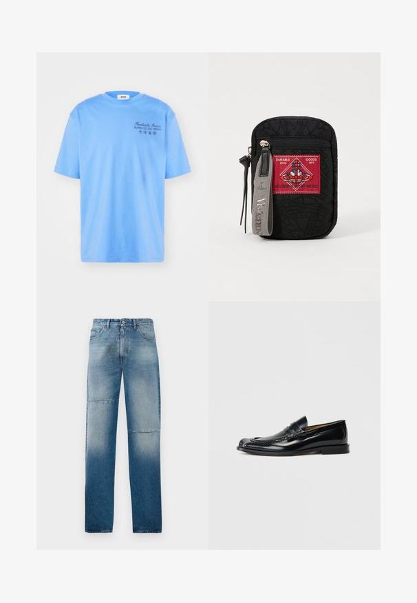 Svetlo modra bombažna majica s kratkimi rokavi, okroglim izrezom in črnim napisom: "Fantastični zeleni burro studio MSGM" z grafičnimi poudarki.; Svijetloplave traperice ravnog kroja, izblijedjeli washi i dva horizontalna šava. Imaju pet džepova i dugme za zakopčavanje.; Črne usnjene loafers čevlji z gladko površino, zaobljenim nosom, okrasnim šivi in nizko kupolasto peto. Brez vidne blagovne znamke.; Črna torbica z teksturirano tkanino, ki vsebuje rdeč znak z logotipom, zadrgo in siv pas z vtisnjenim imenom blagovne znamke.