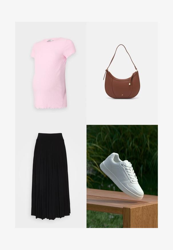 Roza rebrasta majica za nosečnice s kratkimi rokavi in valovito obrobo. Raztegljiv material, oblikovan za udobno nošenje med nosečnostjo.; Črna plisirana krila z visokim, raztegljivim pasom. Narejeno iz mehke tkanine, z navpičnimi plisami za lahkotno silhueto.; Bela teniska s gladkim sintetičnim zgornjim delom, perforiranim prednjim delom, ravnimi vezalkami in teksturiranim podplatom, prikazana na leseni površini.; Rjava usnjena torbica z ramenskim ročajem, ukrivljene oblike, minimalnim šivom in zlato-tonirano kovinsko dekoracijo. Ima zgornje zapiranje na zadrgo in nastavljiv trak.
