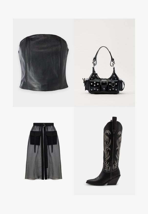 Sort læder strapless top med en tætsiddende pasform, glat tekstur og subtile sømme langs kroppen for et skræddersyet udseende.; Sort gennemsigtig nederdel med en rynket talje, der har to store forlommer, et taljebånd og en cirkulær metaldetalje.; Sorte læder cowboystøvler med spidse tæer, kilehæle og sølv broderede blomster mønstre langs skaftet. Kontrast syning overalt.; Sort læderhåndtaske med et buet design, prydet med sølvfarvede nitter, en spænde og to sidelommer. Justerbar rem til forskellige bære muligheder.