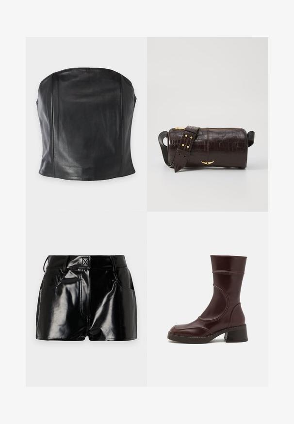 Čierny kožený top bez ramienok s priliehajúcim dizajnom, hladkou textúrou a jemnými švami pozdĺž tela pre upravený vzhľad.; Čierne lesklé šortky vyrobené z syntetického materiálu. Majú priliehavý pás, pútka na opasok a predné vrecká s výraznými švovými detailmi.; MIISTA MALENE - Klasické členkové čižmy - brown; Hnedá taška z kože s embosovaným vzorom krokodíla, cylindrického tvaru, so zlatými hardvérovými doplnkami a odnímateľným popruhom so štítkami.