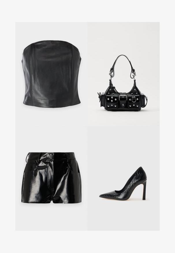 Top sin tirantes de cuero negro con un diseño ajustado, textura suave y costuras sutiles a lo largo del cuerpo para una apariencia a medida.; Shorts negros y brillantes de material sintético. Presentan una cintura ajustada, trabillas para el cinturón y bolsillos frontales con detalles de costura prominentes.; Zapato de tacón alto negro con punta afilada y textura de piel de cocodrilo, que presenta un diseño elegante, un alto tacón de aguja y un interior negro suave.; Bolso de mano de cuero negro con un diseño curvado, que cuenta con tachuelas plateadas, una hebilla y dos bolsillos laterales. Correa ajustable para opciones de transporte.