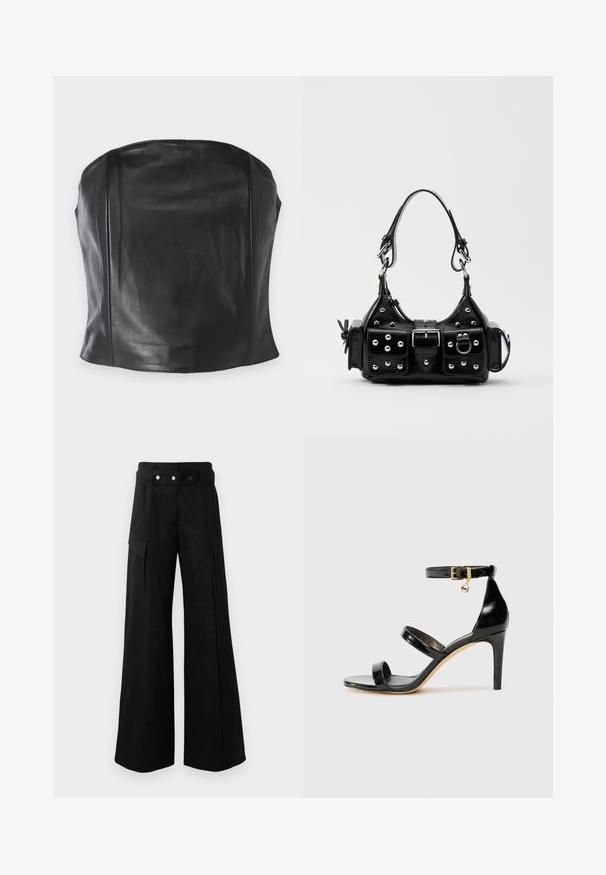 Black leather strapless top featuring a fitted design, smooth texture, and subtle seams along the body for a tailored appearance.; Black wide-leg pants with a high waistband, featuring large side pockets, two front buttons, and a loop detail. Made from sturdy fabric.; Black patent leather sandal with three straps, ankle buckle, and 4-inch stiletto heel. Features gold hardware detail and logo charm.; Black leather handbag with a curved design, featuring silver studs, a buckle, and two side pockets. Adjustable strap for carrying options.