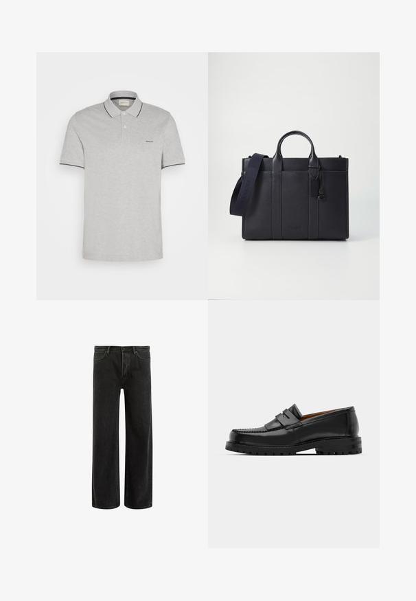 Šedé polo tričko vyrobené z měkké látky, které má dvouknoflíkovou légu, námořnické akcenty na límci a rukávech a decentní výšivku loga.; Černé džíny s širšími nohavicemi a vysokým pasem, s klasickým designem pěti kapes a jemným vyblednutím pro texturovaný vzhled.; Černé kožené mokasíny mají zvýšený šev, dvě dekorativní pásky na svršku a silnou strukturovanou podrážku pro lepší přilnavost.; Tmavě námořnická kožená aktovka s dvojitými horními rukojeťmi a odnímatelným popruhem. Má texturovaný povrch, vertikální švy a detail s logem.