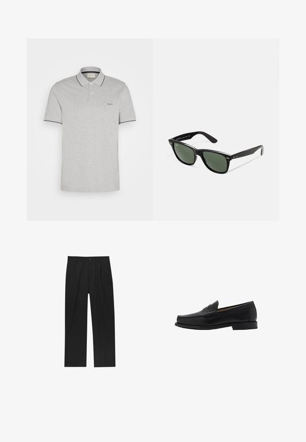 Grå polo skjorte lavet af blød stof, med en to-knaps placket, marineblå detaljer på kraven ogærmerne samt diskret logo broderi.; Sorte bukser med lige ben, lavet af et glat stof. Har frontfolder og en enkelt knaplukning i taljen.; Mango Business loafers - black; Sorte plastiksolkaber med grønne linser, firkantede stel, sølvaccent på brynene og teksturerede templede arme. Angivet mærke på den indre arm.