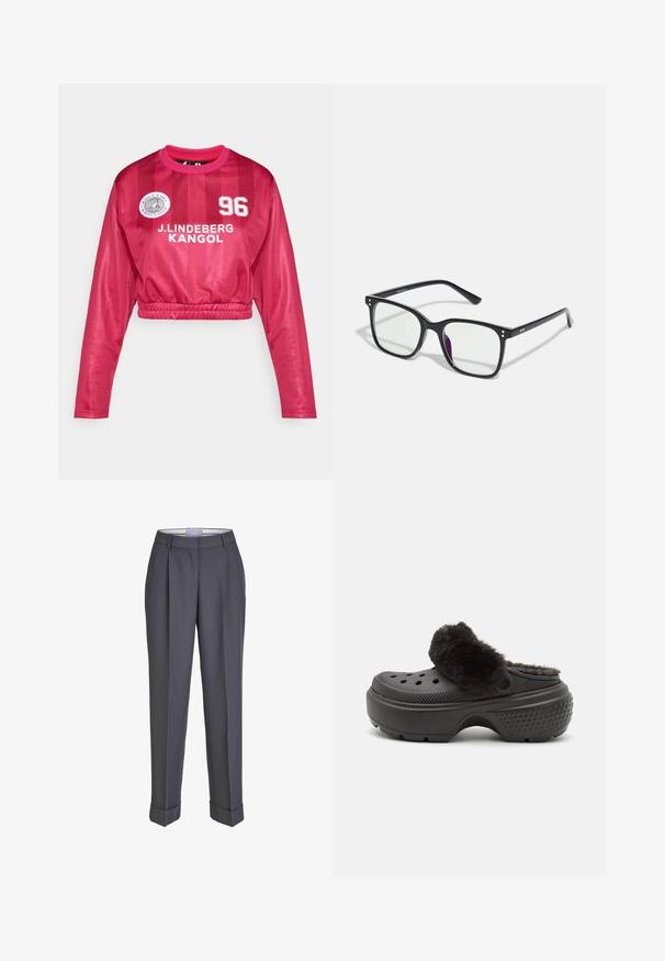 Kuttet langermet genser i livlig rosa med glanset finish, med "J. LINDEBERG KANGOL" og talltrykk, elastisk kant og sporty design.; Mørkegrå tilpassede bukser med rett ben-design, plisserte front og oppbrettede ankler. Laget av glatt stoff, med et klassisk midjebånd.; Svarte tresko med en myk, lodden overdel, med perforeringer på forsiden og en teksturert hæl for bedre grep. Lett og enkel å ta på.; Svarte rektangulære briller med klare linser, med gullakenter på rammen og en svak lilla nyanse på en av linsene.