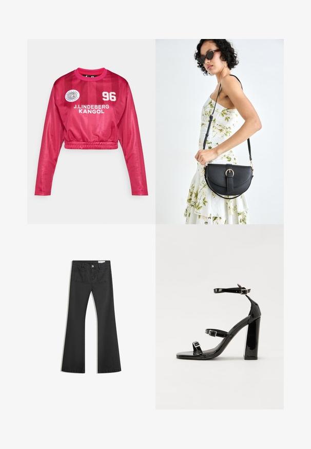 Rövidített, hosszú ujjú, élénk rózsaszín mez fényes felülettel, "J. LINDEBERG KANGOL" és számnyomott mintával, rugalmas alsó szegéllyel és sportos dizájnnal.; Fekete, sima textúrájú farmer flare nadrág, két hátsó zsebbel és gombos derékkal.; Fekete lakk magas sarkú szandál két csatos pánttal, négyzet alakú orral és tömzsi blokk sarokkal, sima, fényes felülettel.; Fekete bőrtáska ívelt formával, levehető pánttal és arany színű fémrészekkel. A táskán egy csattal díszített fedél található.