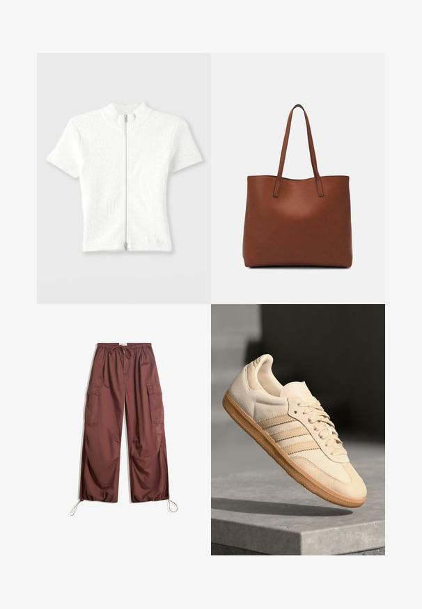 Prilegajoča bela rebrasta kratkosleečna majica z visokim ovratnikom in sprednjim zadrgo. Ima subtilno teksturo z urejenim zaključkom.; Široke rjave cargo hlače z elastičnim pasom, vrvico za zategovanje, velikimi stranskimi žepi in nastavljivimi vrvicami pri gležnjih.; Svetlo bež semišni športni copat z gumijastim podplatom, trije poševni trakovi in teksturiran zaščitni del. Vsebuje logotip na ježku in strani.; Rjava usnjena torba z gladko teksturo, odprto zasnovo zgoraj in dvema naramnima trakovoma. Opremljena je z minimalnim šivanjem in brez vidnih kovinskih delov.