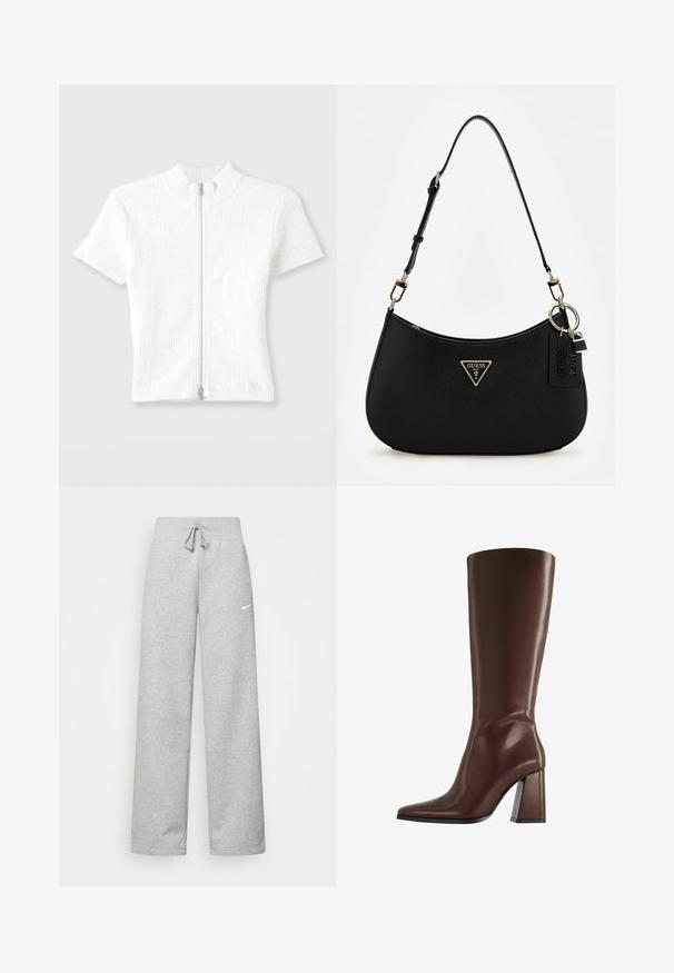 Aansluitend wit geribbeld brei-top met korte mouwen en een hoge kraag en een ritssluiting aan de voorkant. Heeft een subtiele textuur met een nette afwerking.; Grijze sweatpants met een elastische tailleband, een trekkoord-detail en een klein wit Nike-logo op de linkerdij. Zachte stof, losvallend.; Bruine kniehoge leren laars met puntige neus en stevige hak van middelhoge hoogte, zijaanzicht op witte achtergrond.; Zwarte synthetische schoudertas met een gebogen silhouet, textuurafwerking, gouden driehoeklogo en afneembare hardwareaccenten.