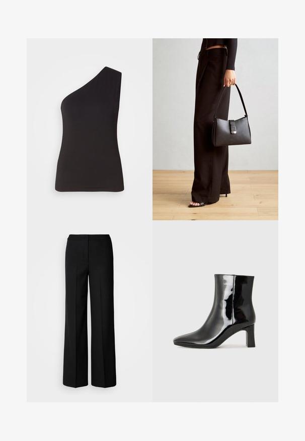 One-shoulder black top made of soft, stretchy material; fitted design with a sleek silhouette and smooth texture. No visible embellishments.; Black wide-leg trousers with a smooth fabric, featuring a high waist, tailored seams, and a minimalist design. No visible hardware or pockets.; Black patent leather ankle boot with a pointed toe and a mid-height block heel. Smooth texture and minimalist design.; Black handbag with structured shape, smooth texture, and a metallic clasp. Paired with wide black pants and open-toe sandals on wooden floor.