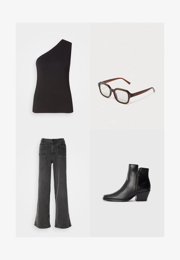 Melnā vienu plecu blūze no mīksta, elastīga materiāla; pieguļošs dizains ar elegantu siluetu un gludu faktūru. Nav redzamu dekoratīvu elementu.; Augstas vidukļa, plata kāju melnas džinsus, kas izgatavoti no denima, ar pogu aizdari, jostas cilpiņām un divām aizmugurējām kabatām ar izšūtiem akcentiem.; Melna ādas potītes zābaciņš ar smailu purngalu, sānu rāvējslēdzēju un masīlu papēdi. Gluda tekstūra un minimālistisks dizains.; Brūni caurspīdīgi taisnstūrveida briļļu rāmis ar caurspīdīgiem lēcām, ar vieglu violetu atspulgu un maziem zeltītu dekoriem priekšējās stūrītēs.; Sudraba gredzena auskari ar gludu, pulētu apdari. Apaļa forma ar nedaudz izliekta dizaina un sajauktām malām. Ar tapu aizdari.