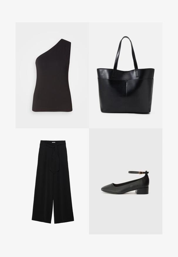 One-shoulder black top made of soft, stretchy material; fitted design with a sleek silhouette and smooth texture. No visible embellishments.; Black wide-leg pants featuring a textured fabric, an elastic waistband, and a detachable sash tie at the waist for adjustable fit.; Black leather pump with a pointed toe and a low block heel. Features an ankle strap with a gold-tone buckle. Smooth texture.; Black leather tote bag with two long handles, a smooth texture, and a structured shape. Features a front pocket for additional storage.