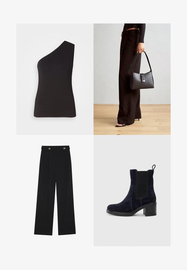 Top preto de um ombro feito de material macio e elástico; design ajustado com uma silhueta elegante e textura suave. Sem adornos visíveis.; Calças largas pretas com cintura alta, detalhes em botão na cintura e pregas frontais.; Bota de tornozelo em camurça azul-marinho com painel elástico lateral, bico redondo e salto bloco. O tecido texturizado e a sola lisa criam um contraste.; Bolsa preta com forma estruturada, textura suave e um fecho metálico. Combinada com calças largas pretas e sandálias de salto aberto sobre um chão de madeira.