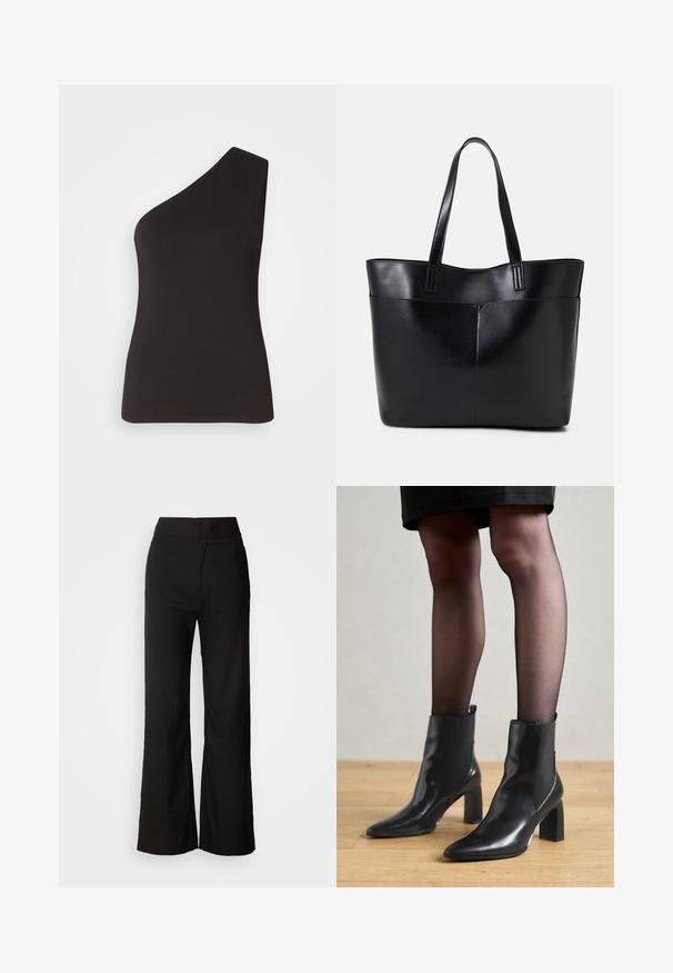 Top negru cu umărul gol, fabricat dintr-un material moale și elastic; design ajustat, cu o siluetă elegantă și o textură fină. Fără decorațiuni vizibile.; Pantaloni negri cu croi larg, dintr-o textură netedă, cu talie înaltă și un design simplu. Fără buzunare vizibile sau embellishments.; Botine negre din piele, cu vârful ascuțit, toc pătrat masiv și un design elegant. Au panouri laterale elastice pentru o îmbrăcare ușoară.; Geantă oversized din piele neagră, cu două mânere lungi, de textură netedă și formă structurată. Are un buzunar frontal pentru stocare suplimentară.