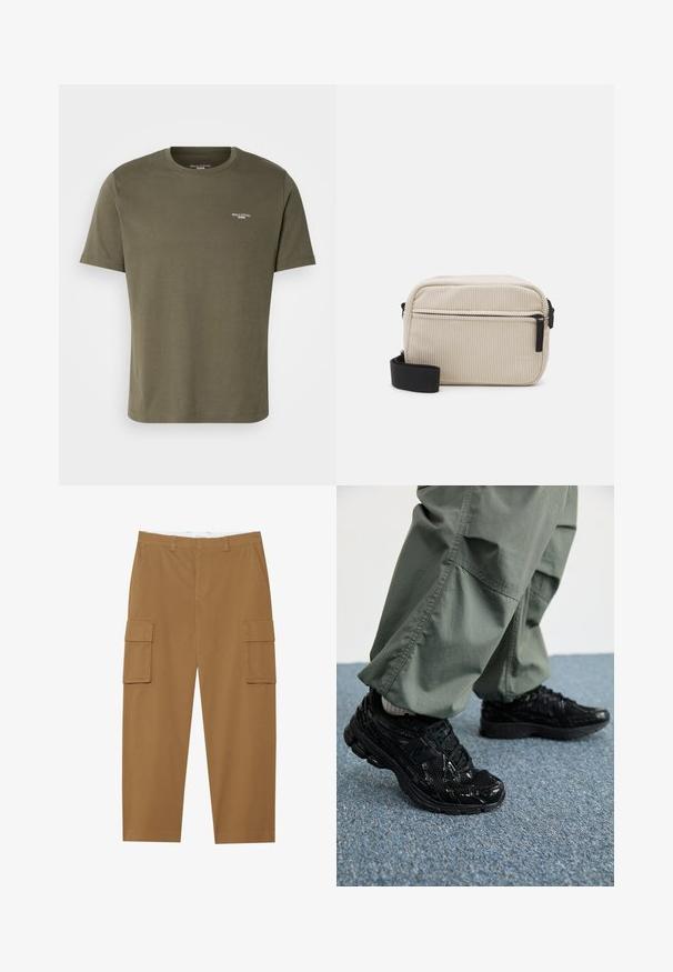 Olivno zeleni bombažni T-shirt s kratkimi rokavi, okroglim ovratnikom in majhnim belim logotipom na prsih. Gladka tekstura in sproščen fit.; Rjave cargo hlače z dvema stranskima žepoma, ravnim sprednjim delom in ravnim krojem. Narejene so iz trpežnega materiala z gladko teksturo.; Črne športne superge z sijajnimi in mrežastimi teksturami, ki imajo debel podplat in vezalke, v kombinaciji z ohlapnimi olivno zelenimi cargo hlačami.; Kremno obarvana kordna torbica za čez ramo z črnim zadrgo, snemljivim trakom in strukturiranim vzorcem. Ima en glavni predel in sprednji žep.