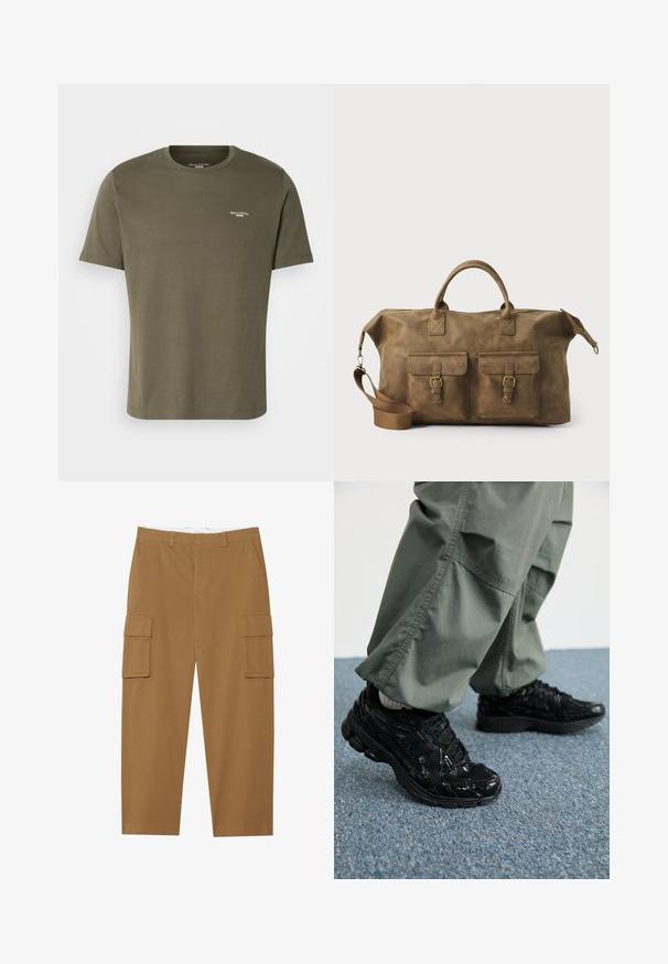 Olīvu zaļš kokvilnas T-krekls ar īsām piedurknēm, apaļu kakla izgriezumu un mazu balto logotipu uz krūtīm. Gluda tekstūra un brīvs piegriezums.; Ceri brūni cargo bikses ar divām sānu kabatām, plakanu priekšpusi un taisnu kāju griezumu. Izgatavotas no izturīgas auduma ar gludu tekstūru.; Melni sporta apavi ar spīdīgu un sieta tekstūru, ar biezu zoli un auklām, kombinēti ar brīvām olīvzaļām kravas biksēm.; Brūns ādas ceļojumu soma ar diviem priekšējiem kabatām, regulējamu plecu siksnu, zelta detaļām un stingrām augšējām rokturiem. Gluda tekstūra.