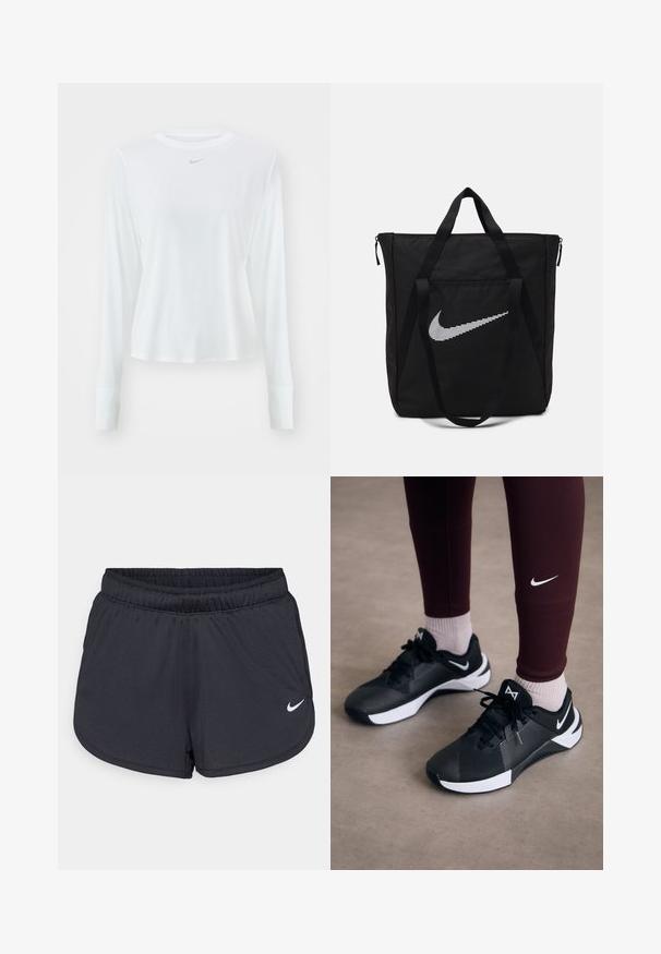 Hosszú ujjú fehér sporting, könnyű anyagból készült, kerek nyakkivágással és egy kis szürke Nike logóval a mellkason.; Fekete sportos rövidnadrág, könnyű, légáteresztő anyagból készült. Rugalmas derékpánttal rendelkezik, és a jobb alsó oldalon fehér Nike logó található.; Fekete sportcipők texturált felsőrésszel és fehér akcentussal, fűzőkkel és oldalsó logóval. Bordó leggingsszel és világos zoknival viselve.; Fekete nejlon bevásárlótáska két erős fogantyúval és cipzárral. Jellemzője egy kiemelkedő fehér Nike pipa logó vízszintes csíkozott kialakításban.