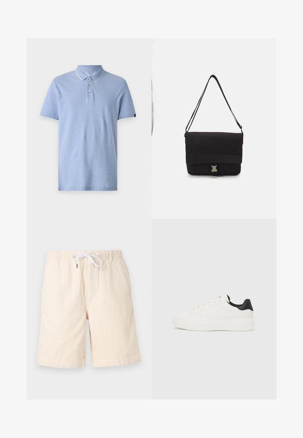 Ljusblå polo tröja i mjukt material. Har en krage, tre knappar och vit kant på kragen och ärmarna. Klassisk passform.; Beiga bomullsshorts med avslappnad passform, elastisk midja och vit dragsnodd. Har sidofickor och en mjuk textur.; Vit lädersneaker med präglat mönster, texturerad vit mellansula och svart hälaccent. Har rundad tå och platta snören.; Svart messenger väska i slät material med en vikbar klaff, silverfärgade spännen och justerbar axelrem.