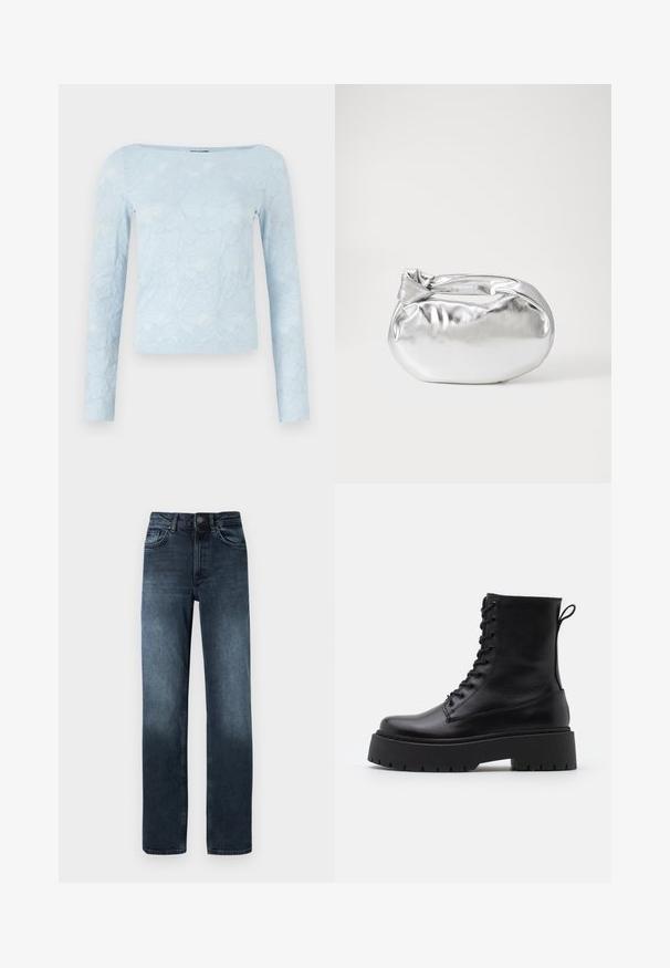 Light blue long-sleeve top with a textured floral pattern, square neckline, and fitted design. Made from a soft, lightweight material.; Dark blue denim jeans with a straight-leg cut, five pockets, and a front button closure. Features fade detailing near the hem.; Black leather ankle boots with a round toe, lace-up front, and a thick rubber sole featuring a textured tread. Pull tab at the back.; Silver metallic pouch bag with a soft, rounded shape and a knotted top closure. Made from smooth faux leather material.; Silver hoop earrings with a minimalist design. Circular shape, smooth texture, and thin profile. Lightweight with a polished finish.