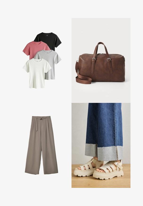 Čtyři jednoduché trička s krátkým rukávem a kulatým výstřihem v černé, prachově růžové, světle šedé a bílé barvě, uspořádané překryté na bílém pozadí.; Kalhoty s širokými nohavicemi v měkké, tlumené šedé látce, s páskem v pase a sklady pro přidaný designový detail. Hladká textura, bez vzorů.; Béžové platformové sandály s tlustými podešvemi mají páskový design a nastavitelné kotníkové pásky. Jsou nošeny s širokými džínovými kalhotami, přičemž jedna nohavice je roztrhaná.; Hnědá kožená cestovní taška s vrchními uchy, odnímatelným popruhem, zipovým uzávěrem a hladkým povrchem. Minimalistický design bez viditelných log.