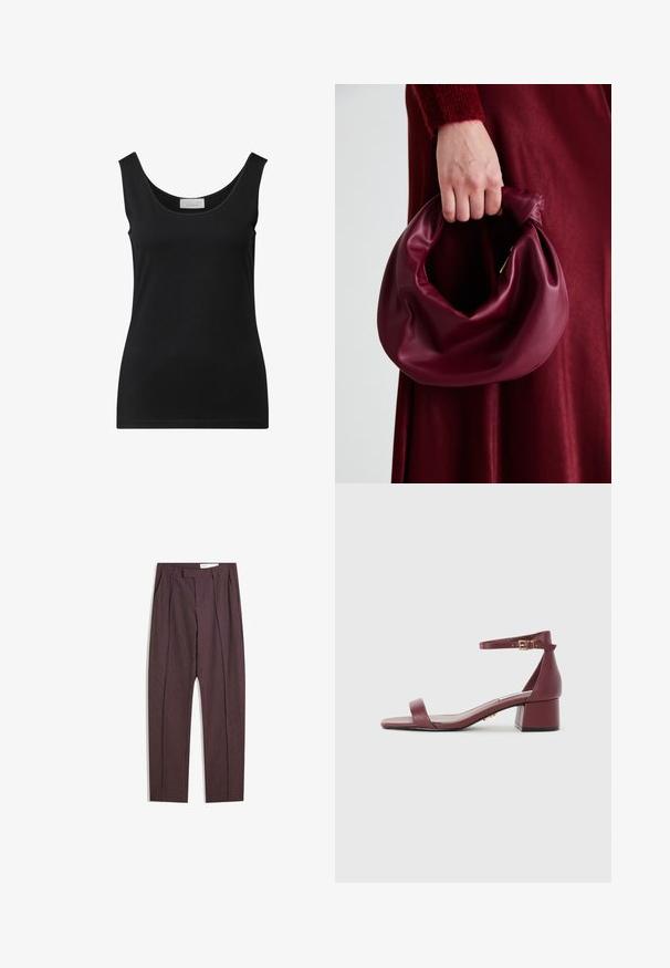 Černý bezrukávový top s výstřihem do lodi a přiléhavým střihem, uvnitř výstřihu malá bílá nášivka značky.; Fialové proužkované kalhoty s sklady, s vysokým pasem a rovnými nohavicemi. Vyrobeno z hladké, texturované tkaniny.; Burgundské kožené sandály se čtveratou špičkou, tenkým nártovým páskem, zlatými detaily a masivním blokovým podpatkem. Hladký povrch a minimalistický design.; Burgundská kožená kabelka s měkkým, nabíraným designem a zaobleným tvarem. Ucho je zajištěné a vykazuje hladkou texturu.