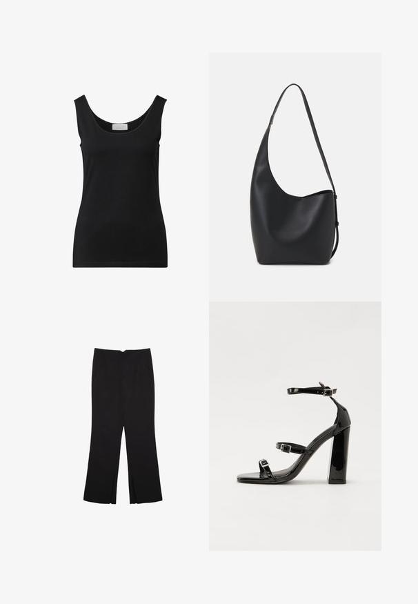 Sort ærmeløs tætsiddende tanktop med scoop halsudskæring og et lille hvidt mærke indeni halsudskæringen.; Sorte bukser med lige pasform, der har frontlommer og slidser i kanten. Lavet af blødt, glat stof. Velegnet til forskellige anledninger.; Sorte laklædersandaler med høje hæle, to spænderemme, firkantet tå og en kraftig blokhæl, der har en glat, blank overflade.; Sort læder hobo taske med en glat overflade, buet form og en enkelt justerbar rem; har en bred åbning øverst.