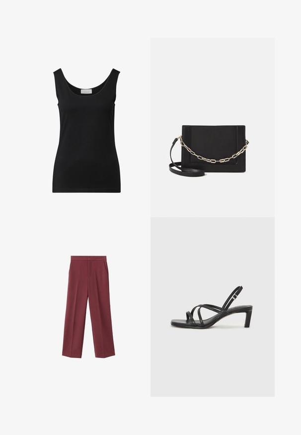 Sort ærmeløs tætsiddende tanktop med scoop halsudskæring og et lille hvidt mærke indeni halsudskæringen.; Bordeaux bredde bukser med en glat tekstur, der har sidelommer og et højt talje design. Skræddersyet med en ren frontfold.; Sort remsandale med firkantet tå og en lav blokeret hæl. Har flere tynde stropper og en justerbar ankelrem. Fremstillet af glat læder.; Sort læder crossbody taske med en glat tekstur, rektangulær form og en metallisk kæde detalje foran. Justerbar skulderrem inkluderet.