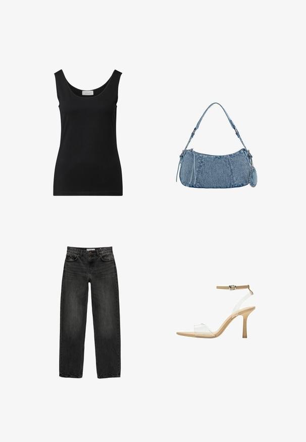Schwarzes ärmelloses, körperbetontes Tanktop mit Rundhalsausschnitt und einem kleinen weißen Markenetikett im Halsbereich.; Schwarze Jeans aus Denim mit lockerer Passform, geradem Bein, fünf Taschen-Design und einer leicht gewaschenen Textur. Knopf- und Reißverschluss vorne.; Durchsichtige Sandale mit transparentem Obermaterial, beigem Fußbett und einem schlanken Knöchelriemen. Sie hat eine spitz zulaufende Zehenpartie und einen dünnen, hohen Absatz.; Denim-Handtasche mit geschwungener Form, hellblauer Farbe, verstellbarem Schultergurt und einem kleinen abnehmbaren Täschchen mit metallischen Akzenten.