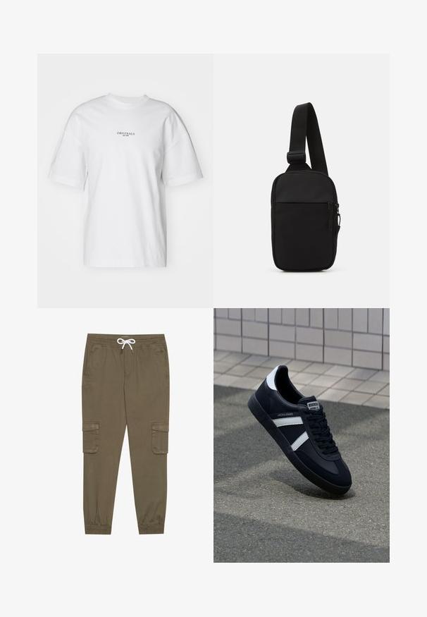 White cotton t-shirt with a crew neck and short sleeves. Features a small black text print "ORIGINALS est. 1970" on the front.; Khaki cargo pants with an elastic waistband and drawstring, featuring side pockets and cuffed ankles. Made from a textured, lightweight material.; Black leather sneaker with white stripes, textured rubber sole, and lace-up front. Features a branded label on the tongue.; Black crossbody bag made of durable fabric, featuring a single adjustable strap, a zippered main compartment, and a front pocket.