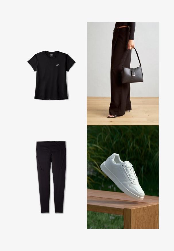 Čierne športové tričko s krátkym rukávom a okrúhlym výstrihom, vyrobené z pružného materiálu, s jemným bielym logom na hrudi a detailom na bočnom šve.; Čierne športové legíny s vysokým pásom, vyrobené z elastického materiálu, s bočnými vreckami a plochými švami pre hladké nosenie.; Biele tenisky s hladkým syntetickým zvrškom, perforovanou špičkou, plochými šnúrkami a textúrovanou podrážkou, vystavené na drevenej ploche.; Čierna kabelka so štruktúrovaným tvarom, hladkou textúrou a kovovou sponou. V kombinácii so širokými čiernymi nohavicami a sandálmi s otvorenou špičkou na drevenej podlahe.